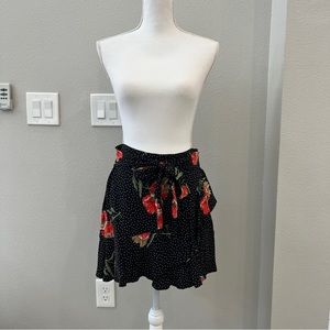 Topshop Black Polka Dot Floral Skirt, Ruffle Skirt, Front Tie